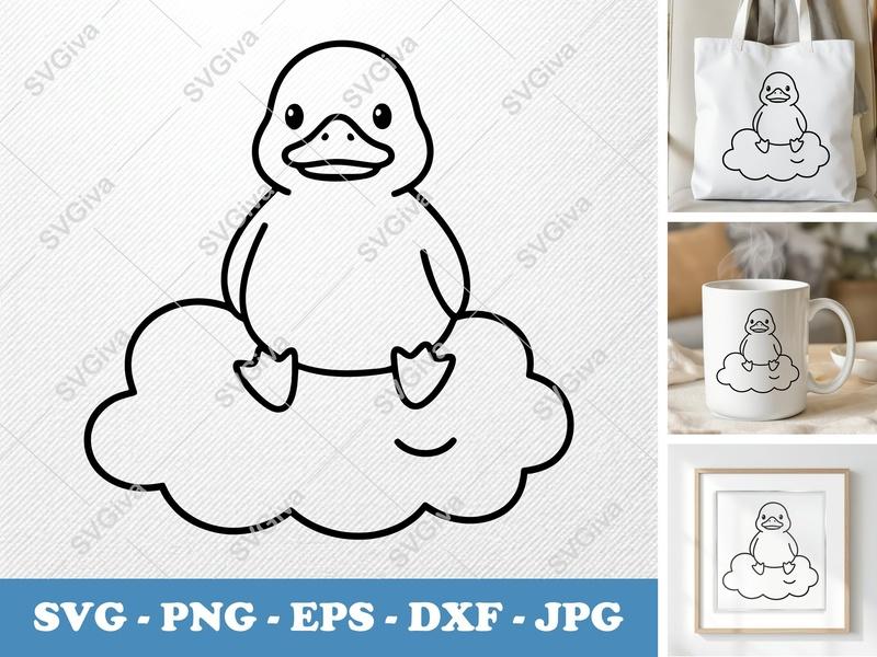 Duck SVG | Cute Cartoon Duckling on Cloud | Baby Animal Clip Art | PNG EPS DXF | Cricut Silhouette File