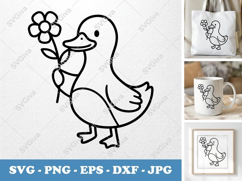 Duck SVG, Cute Duck with Flower, Animal Clipart, Farm SVG, PNG, EPS, DXF for Cricut, Silhouette, Vector Art