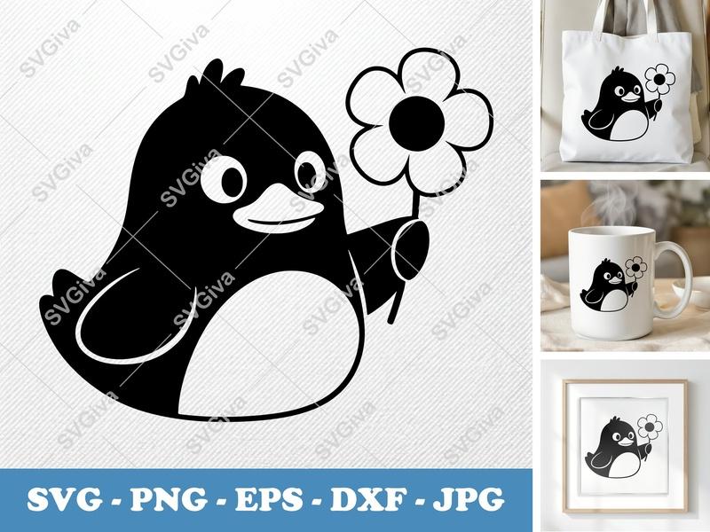 Duck SVG | Cute Duck with Flower | Cartoon Animal Clipart | PNG, EPS, DXF for Cricut & Silhouette