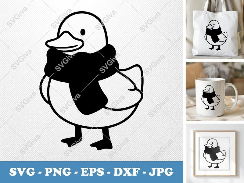 Duck SVG | Cute Duck with Scarf | Winter Animal Cut File | PNG, EPS, DXF for Cricut & Silhouette | Modern Farm Animal Vector