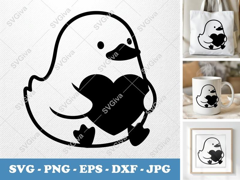 Duck SVG, Cute Duckling Holding Heart, Minimalist Waterfowl Design | PNG EPS DXF for Cricut, Silhouette, Vinyl Decals
