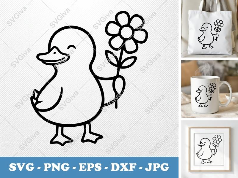 Duck SVG, Cute Duckling with Flower Line Art, Baby Animal Clipart, PNG, EPS, DXF for Cricut & Silhouette