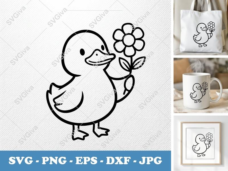 Duck SVG, Cute Duckling with Flower, Line Art, Modern Clean Design | PNG EPS DXF for Cricut & Silhouette