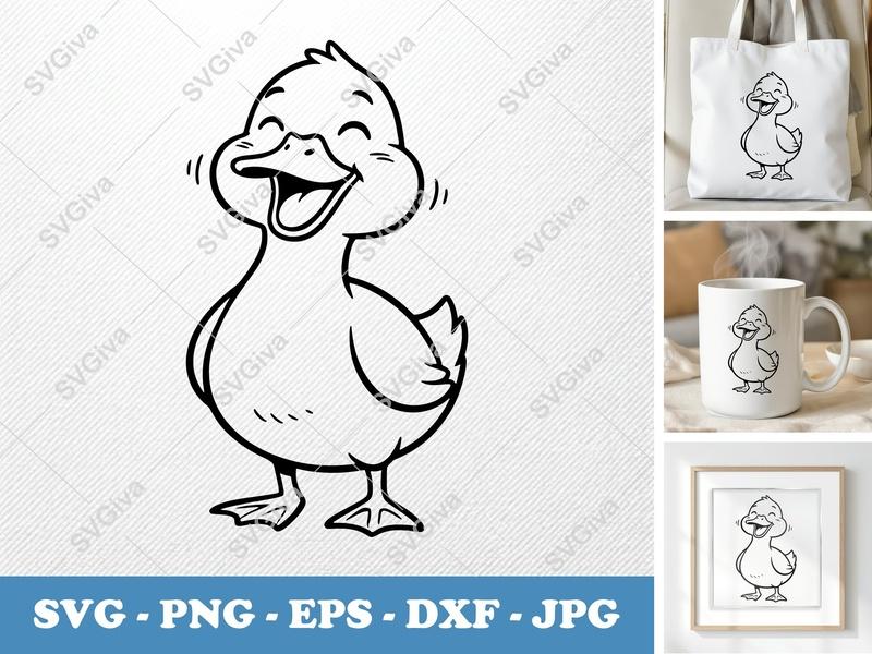 Duck SVG | Happy Cartoon Duckling Cut File | Modern Farm Animal PNG EPS DXF for Cricut & Silhouette | Fun Bird Vector Clipart