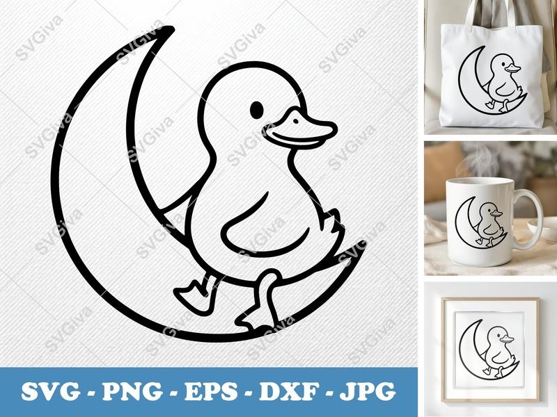 Duck SVG, Moon Duck Clipart, Cute Animal SVG, Baby Nursery Decor, PNG, EPS, DXF for Cricut & Silhouette