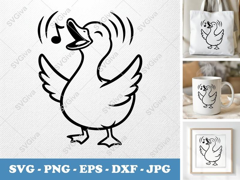 Duck SVG Singing, Music Note Cut File, Happy Duck PNG EPS DXF | Cricut & Silhouette Vector Art, Farm Animal Clipart