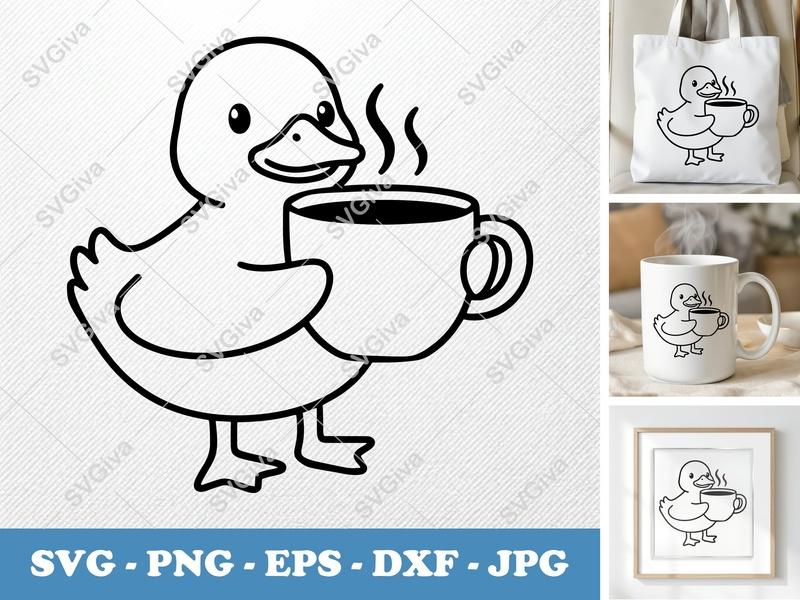 Duck SVG with Coffee Cup | Cute Animal Clipart, Hot Drink Design | PNG EPS DXF for Cricut, Silhouette