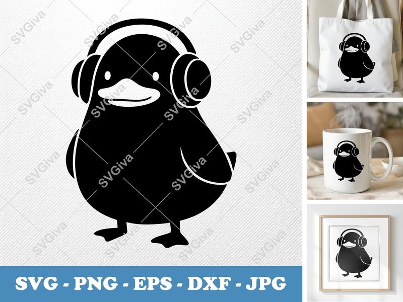 Duck wearing headphones SVG | Puffy Soft Shapes | Inflated Pillow Art | PNG DXF EPS | Cricut Silhouette File