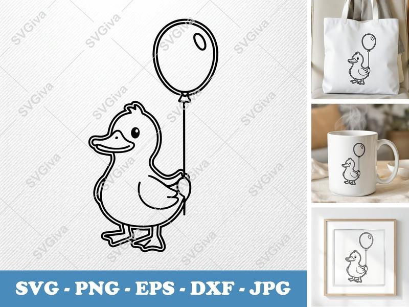 Duck with Balloon SVG | Double-Outline Minimalist Art | PNG DXF EPS | Cricut Silhouette File