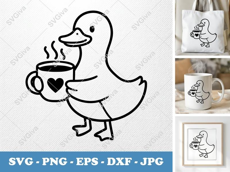 Duck with Coffee Cup SVG | Friendly Rounded Bean-Shaped Design | Cricut Silhouette File, PNG, DXF, EPS Vector Art