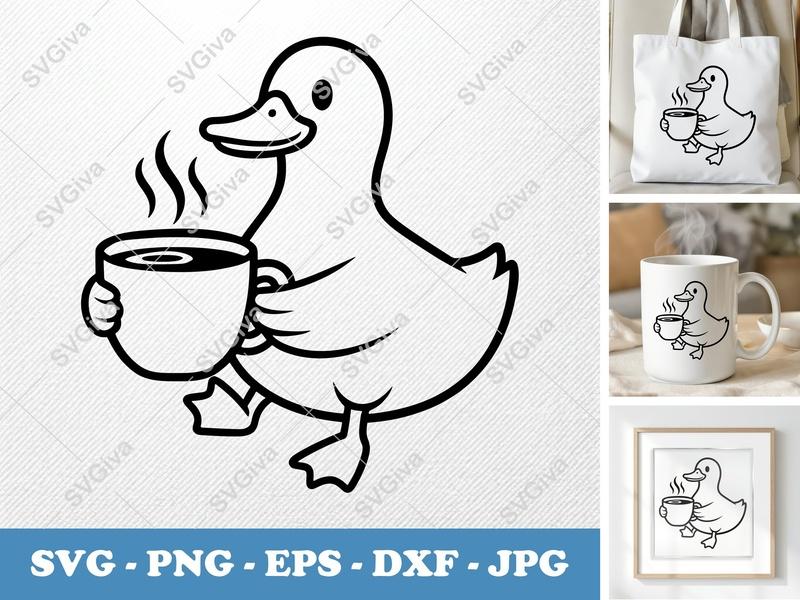 Duck with Coffee Cup SVG | Simple Cartoon EPS PNG DXF | Bold Outline Character | Cricut Silhouette File