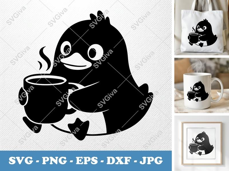 Duck with Coffee SVG | Cute Kawaii Drinking Mug PNG EPS DXF | Cricut Silhouette Cut File
