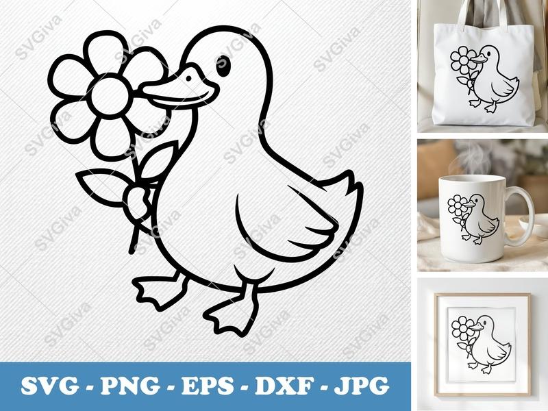 Duck with Flower SVG | Bold Contour Minimalist Cut File | PNG DXF EPS for Cricut Silhouette