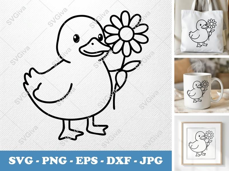 Duck with Flower SVG | Cute Modern Line Art PNG EPS DXF | Cricut Silhouette Cut File | Baby Animal Clipart