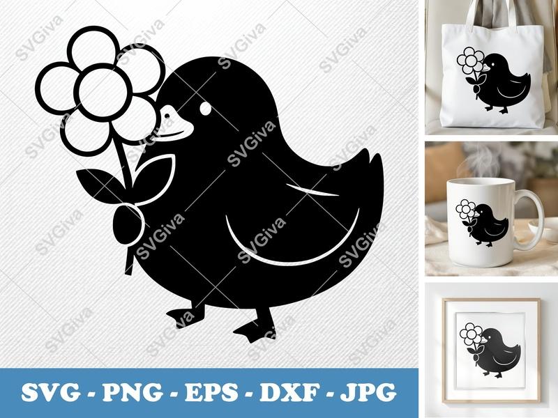 Duck with Flower SVG, Puffy Soft Shapes Design | PNG DXF EPS | Cricut Silhouette | Cute Animal Vector