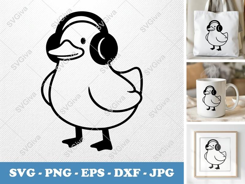 Duck with Headphones SVG | Modern Clean Design | PNG, EPS, DXF | Cricut & Silhouette Cut File | Music Lover
