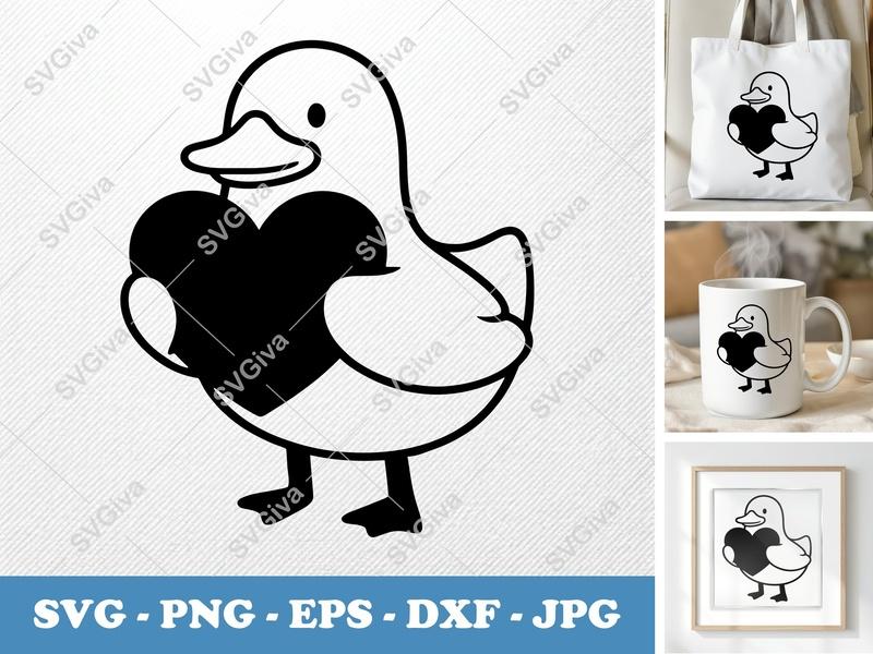 Duck with Heart SVG | Cute Animal Love PNG, EPS, DXF | Cricut & Silhouette Cut File | Valentine Design