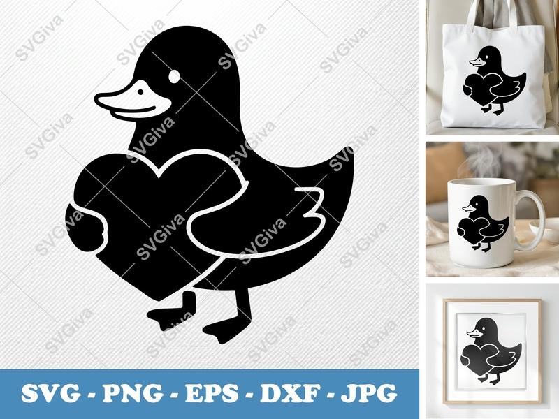 Duck with Heart SVG | Cute Animal Love PNG, EPS, DXF | Modern Valentine Cricut & Silhouette Cut File
