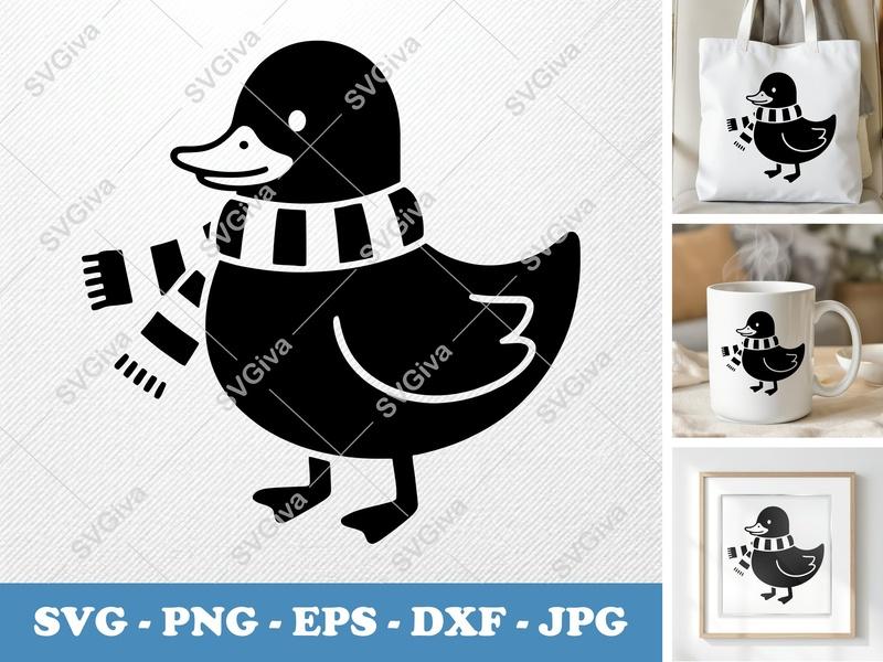 Duck with Scarf SVG | Winter Animal PNG, EPS, DXF Cut File for Cricut & Silhouette | Cute Bird Clipart