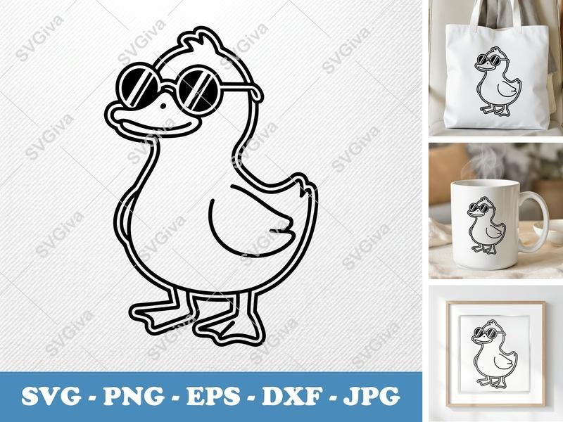 Duck with Sunglasses SVG | Double-Outline Minimalist Cut File | Thick Contour Thin Line Design PNG DXF EPS for Cricut Silhouette