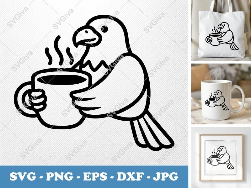 Eagle Coffee SVG, Cartoon Bird with Hot Drink PNG EPS DXF | Cricut & Silhouette Cut File, Modern Animal Clipart