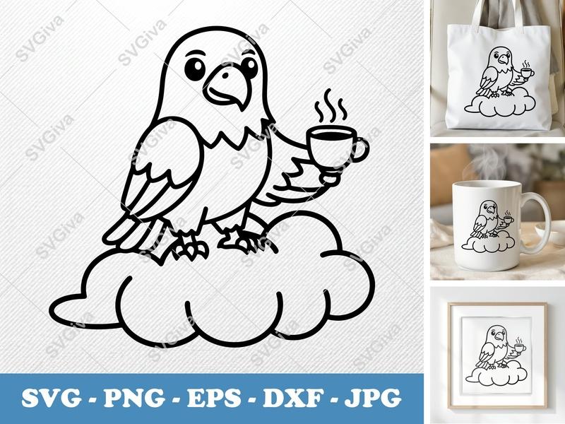 Eagle Coffee SVG, Cute Bird PNG, EPS, DXF Cut File for Cricut, Silhouette, Cartoon Animal Clipart, Digital Download