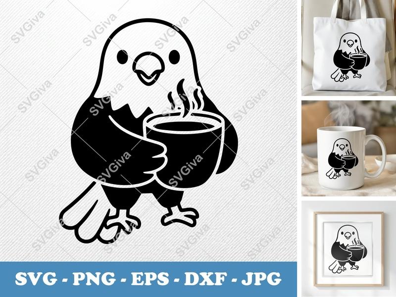 Eagle Coffee SVG, Cute Bird PNG, EPS, DXF Cut File for Cricut, Silhouette | Modern Cartoon Animal Clip Art Design