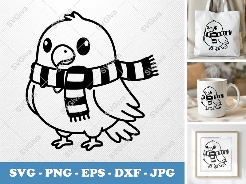 Eagle Cute Cartoon SVG, Scarf Bird PNG, EPS, DXF | Cricut & Silhouette Cut File, Winter Animal Clipart