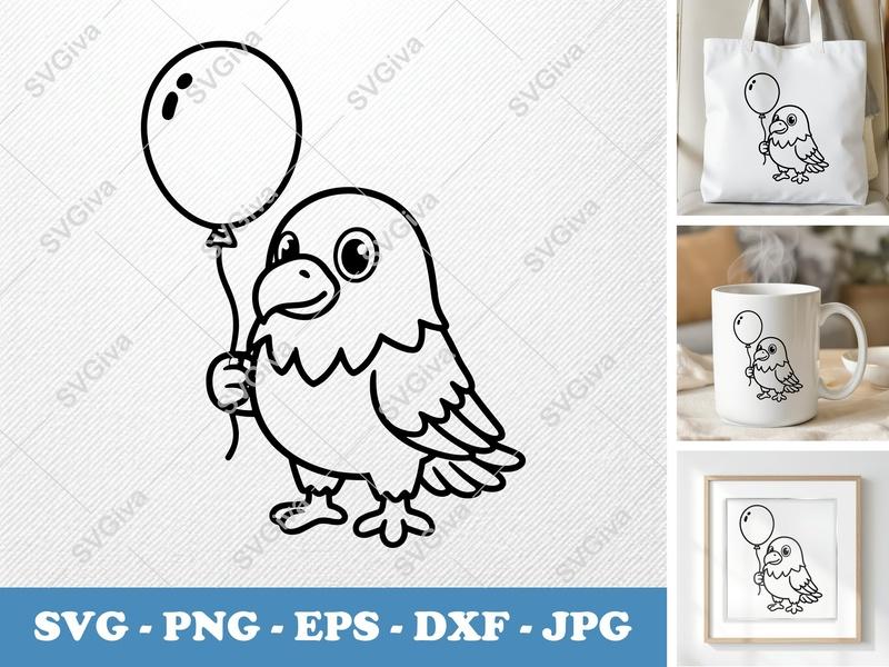 Eagle Cute Holding Balloon SVG | Cartoon Bird PNG EPS DXF | Kids Animal Cut File for Cricut Silhouette