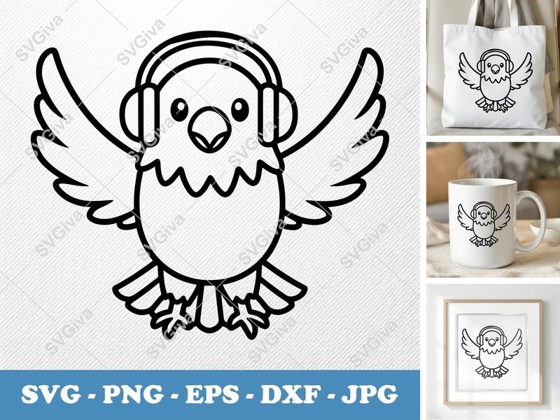 Eagle DJ SVG | Cute Cartoon Bird with Headphones PNG EPS DXF | Cricut Silhouette Cut File, Animal Clipart, Music Lover