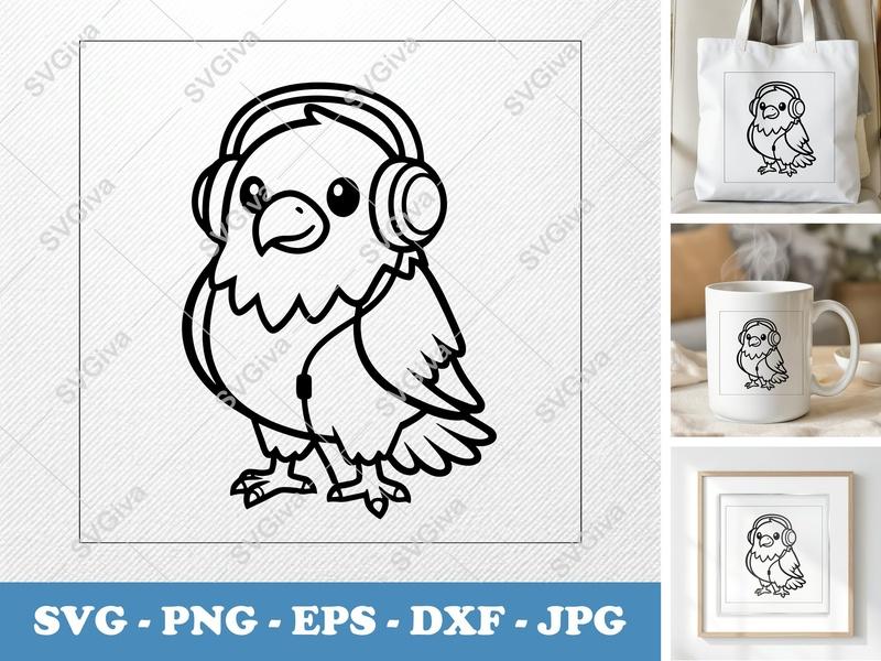 Eagle DJ SVG, Cute Eagle with Headphones, Cartoon Bird PNG DXF EPS for Cricut & Silhouette, Music Animal Cut File