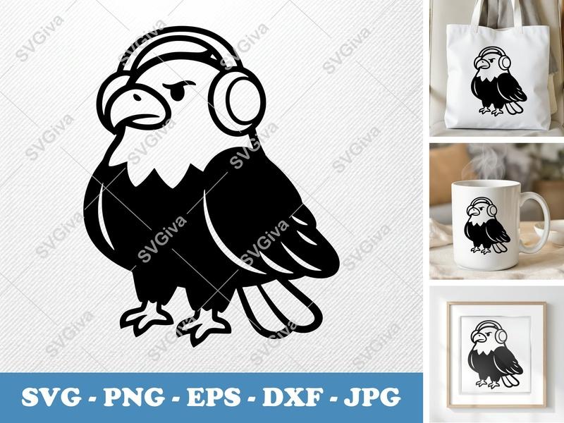 Eagle DJ SVG, Cute Eagle with Headphones | PNG EPS DXF | Cricut Silhouette Cut File, Music Animal Vector Art