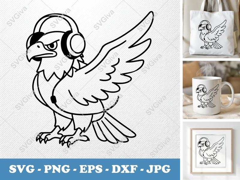 Eagle DJ SVG, Headphone Bird PNG, Modern Cartoon EPS, Music DXF Cut File for Cricut & Silhouette, Cool Animal Clipart
