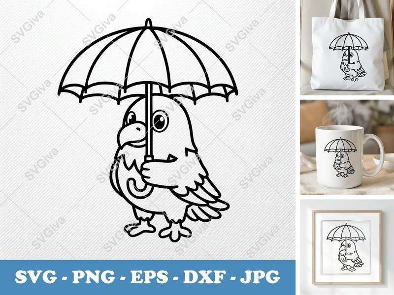 Eagle holding umbrella SVG | Friendly Rounded Body Bean-Shaped Forms | PNG DXF EPS | Cricut Silhouette File