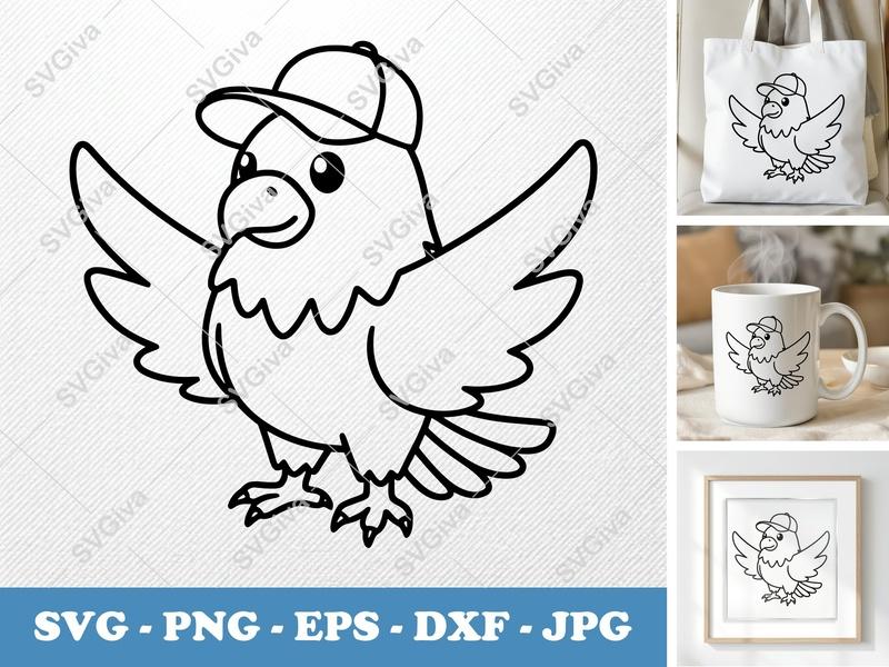 Eagle in a Cap SVG PNG DXF EPS | Cartoon Bird Cut File | Cricut Silhouette Vector Art