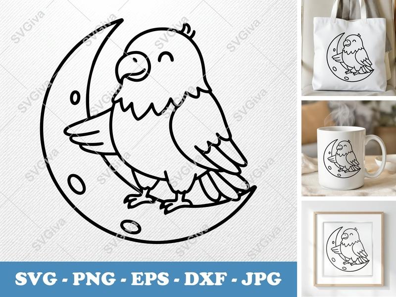 Eagle Moon SVG, Cute Cartoon Bird PNG, EPS, DXF for Cricut & Silhouette, Modern Animal Clipart, Baby Nursery Design
