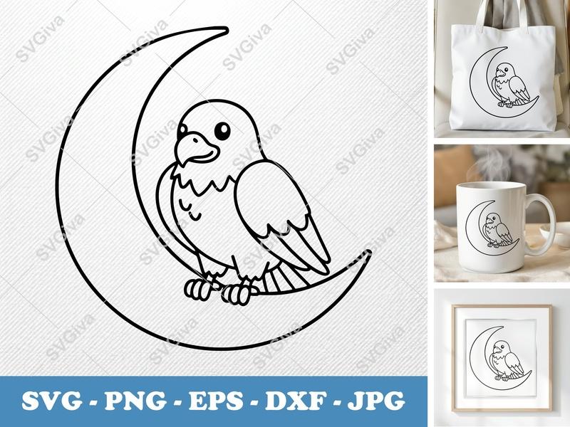 Eagle on Moon SVG, Cartoon Bird Cute Clipart, Baby Animal EPS, DXF, PNG for Cricut, Silhouette, Kids Craft Design