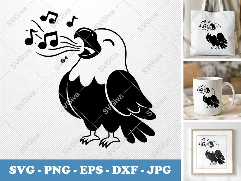 Eagle Singing SVG, Music Notes PNG, EPS, DXF | Cute Cartoon Bird Cut File for Cricut & Silhouette, Modern Design