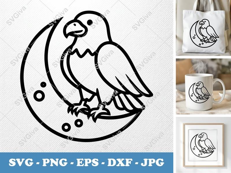 Eagle Sitting on Moon SVG PNG DXF EPS | Cricut Silhouette Cut File Vector