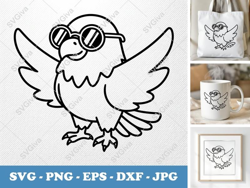 Eagle SVG Aviator Sunglasses | Cute Cartoon Bird PNG EPS DXF | Pilot Clipart for Cricut & Silhouette Cut File