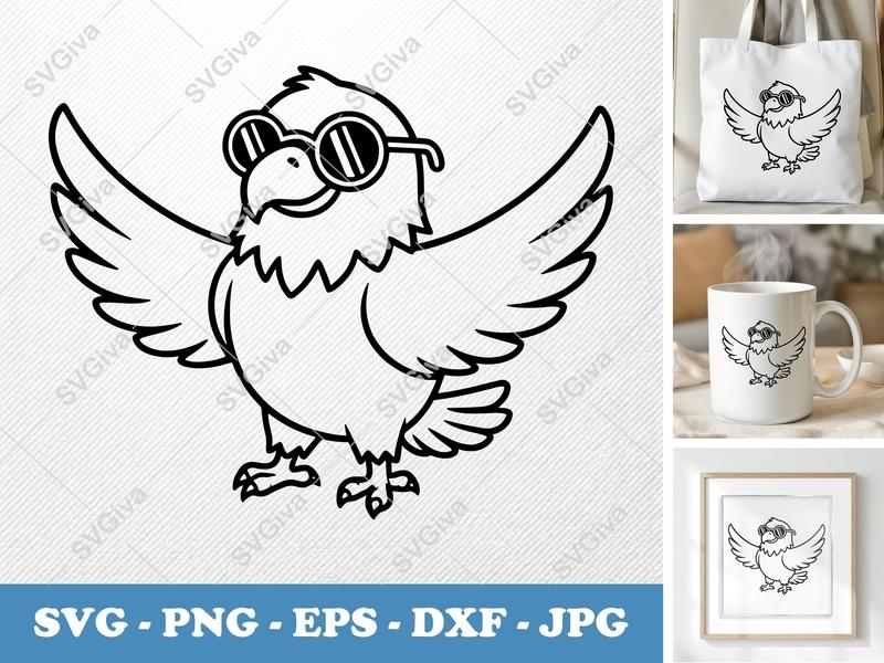 Eagle SVG Cool Sunglasses, Cartoon Bird PNG EPS DXF | Cricut Silhouette Cut File, Modern Animal Clip Art