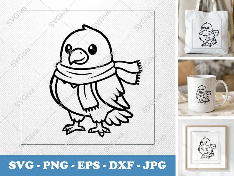 Eagle SVG | Cute Baby Bird with Scarf | Winter Animal Clipart | PNG EPS DXF for Cricut Silhouette