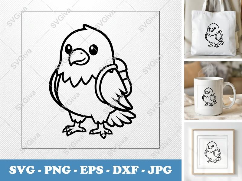 Eagle SVG | Cute Cartoon Bird with Backpack Cut File, PNG EPS DXF for Cricut, Silhouette, Animal Clipart Vector