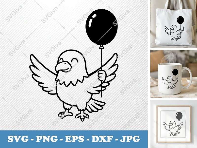 Eagle SVG | Cute Cartoon Bird with Balloon | PNG EPS DXF | Cricut Silhouette File | Animal Clipart | Kids Craft | Digital Download