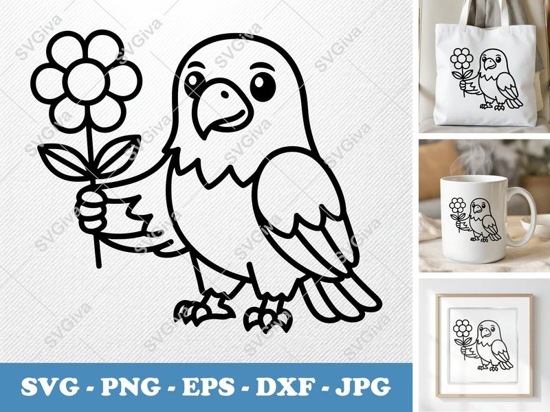 Eagle SVG | Cute Cartoon Bird with Flower | PNG EPS DXF for Cricut & Silhouette
