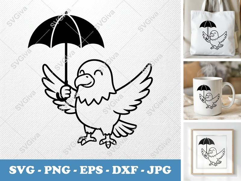 Eagle SVG | Cute Cartoon Bird with Umbrella, Fly, Rain, Weather | PNG EPS DXF | Cricut Silhouette File