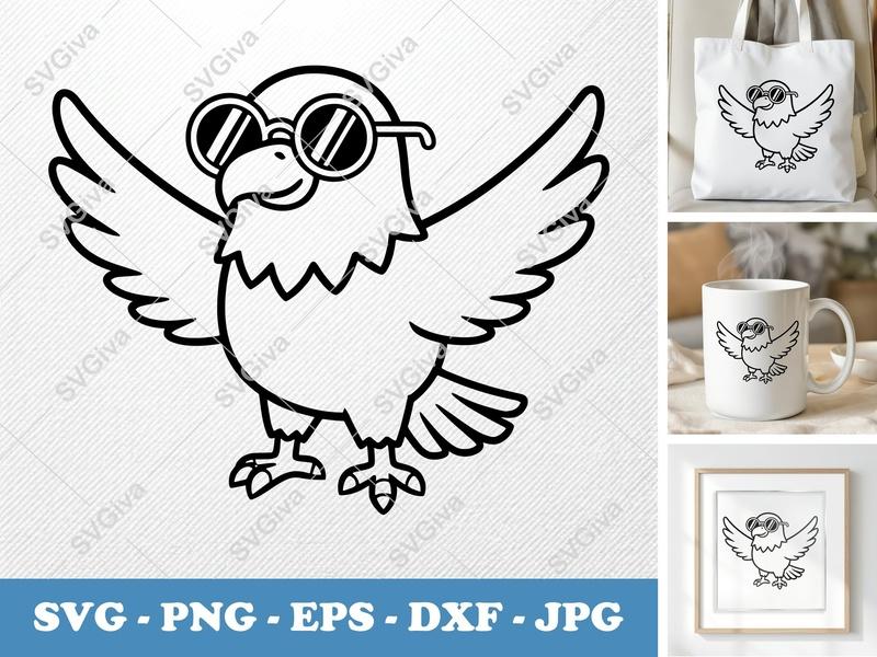 Eagle SVG | Cute Cartoon Eagle with Sunglasses | PNG EPS DXF | Cricut Silhouette Cut File, Kids Craft, Animal Clipart