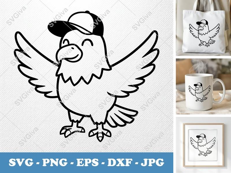 Eagle SVG Cute Cartoon with Baseball Cap | PNG EPS DXF Cut File for Cricut, Silhouette | Bird Clip Art, Animal Vector