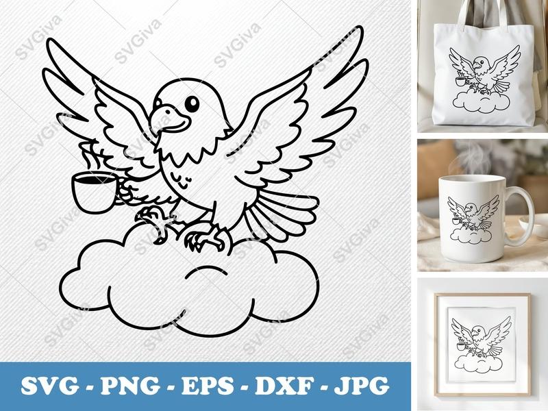 Eagle SVG | Cute Coffee Cloud Clipart | Funny Bird PNG EPS DXF | Cricut Silhouette | Animal Morning Brew Cut File
