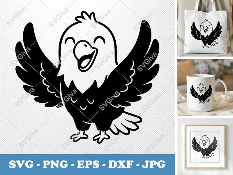 Eagle SVG Happy Cartoon | Cute Bald Eagle Cut File for Cricut, Silhouette | PNG, EPS, DXF | Modern Smiling Bird Vector Art